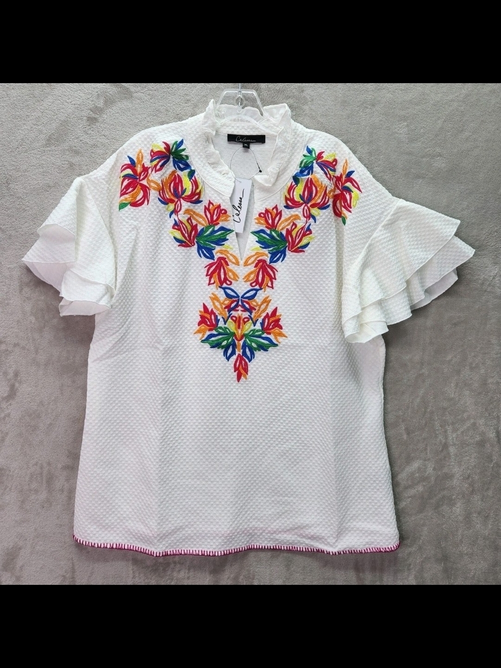 White Embroidered Ruffle-Sleeve Blouse
